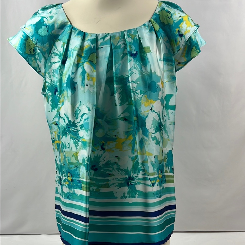 Zac & Rachel‎ Resort Abstract Floral Teal Ruffle Cap Sleeve Tropical Top Size S